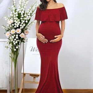 Glampunch Womens Off Shoulder Maternity Dress Ruffles Maxi, XL